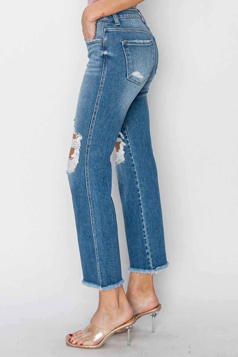 Hazel Blues® |  RISEN Mid Rise Distressed Cropped Flare Jeans