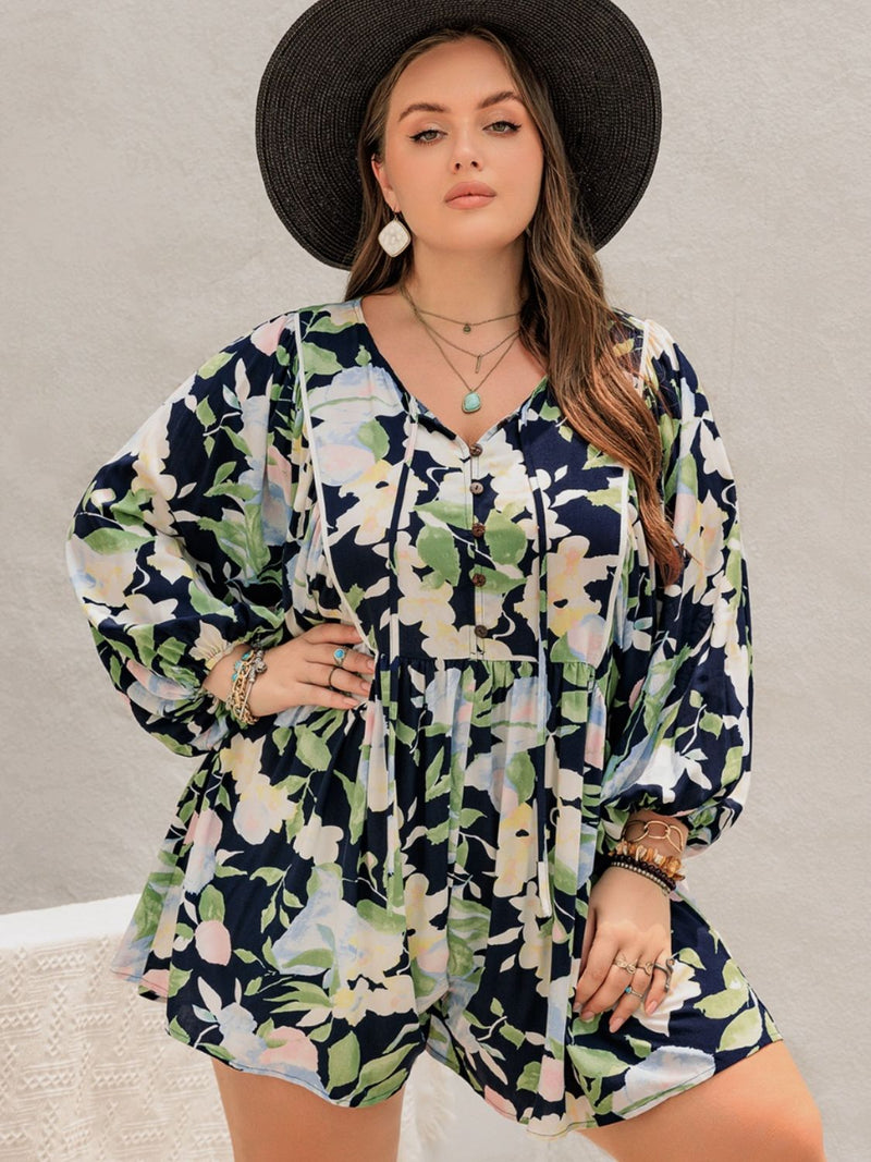 Hazel Blues® | Tied Printed Long Sleeve Romper