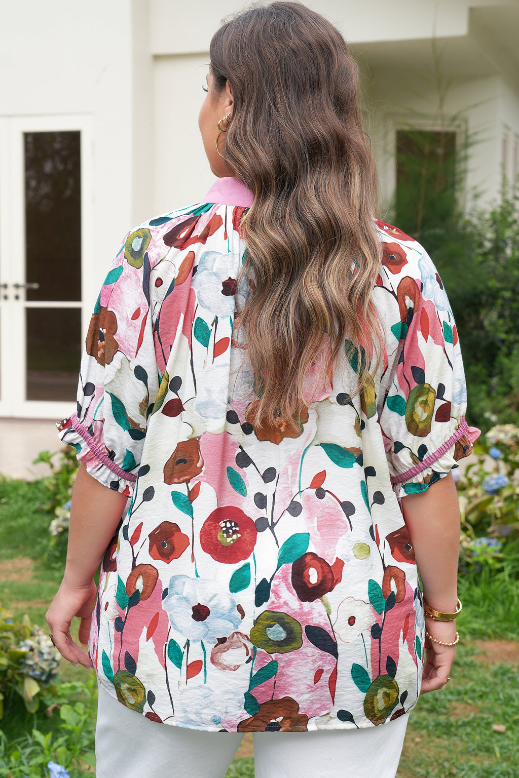 V-Neck Short Puff Sleeve Floral Blouse | Floral Puff Sleeve V-Neck Blouse