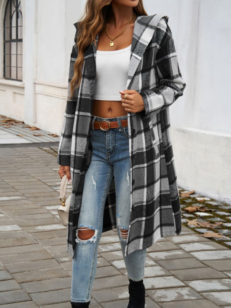 Hazel Blues® |  Plaid Long Sleeve Hooded Coat