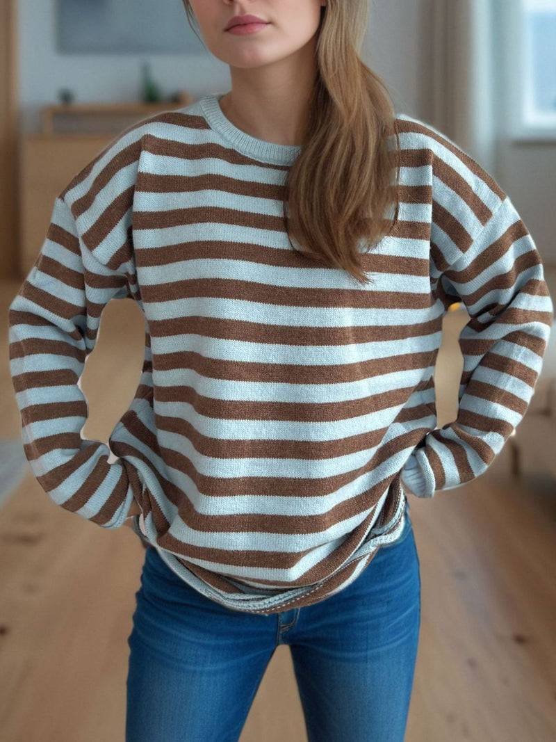 Hazel Blues® |  Distressed Striped Round Neck Long Sleeve Sweater