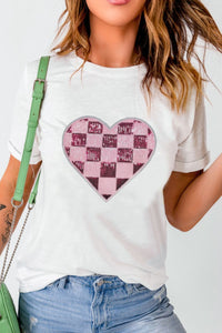 Sequin Checkered Heart Round Neck Short Sleeve T-Shirt