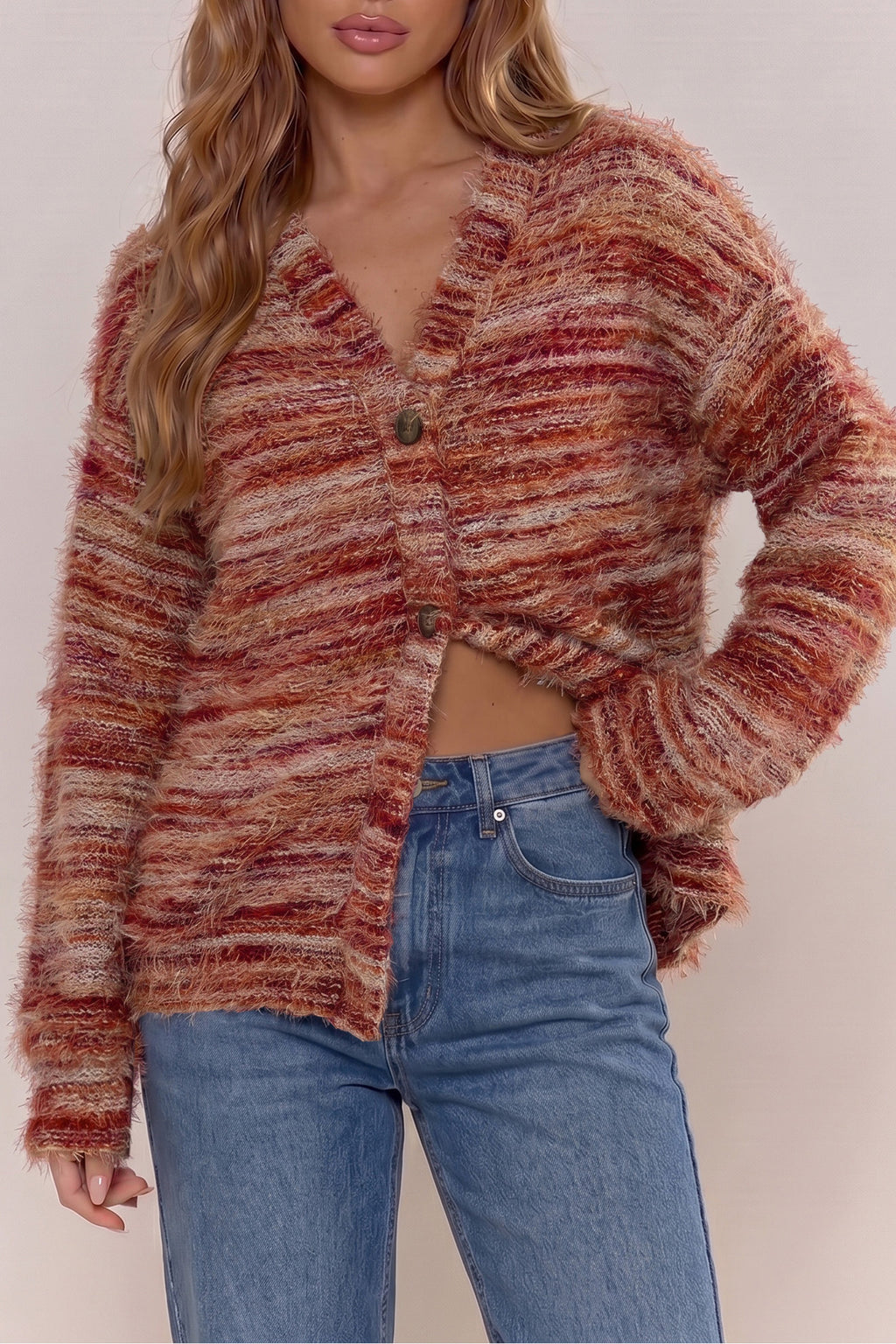 Tawny Fuzzy Striped Button-Front Cardigan Sweater