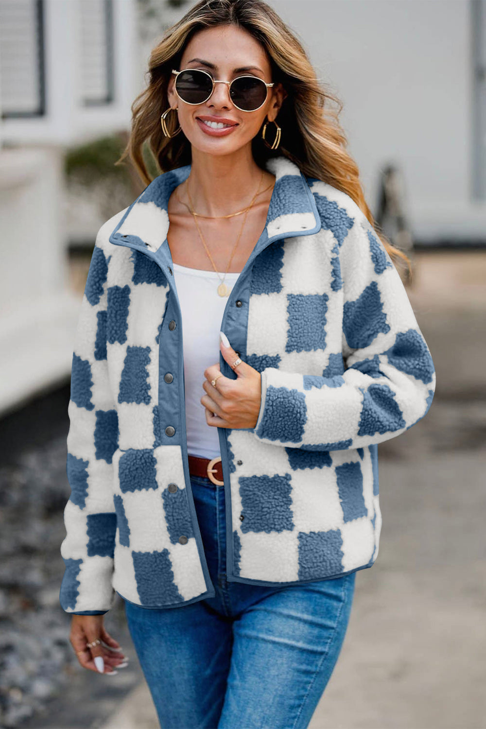 Hazel Blues® |  Checkered Snap Down Long Sleeve Teddy Jacket