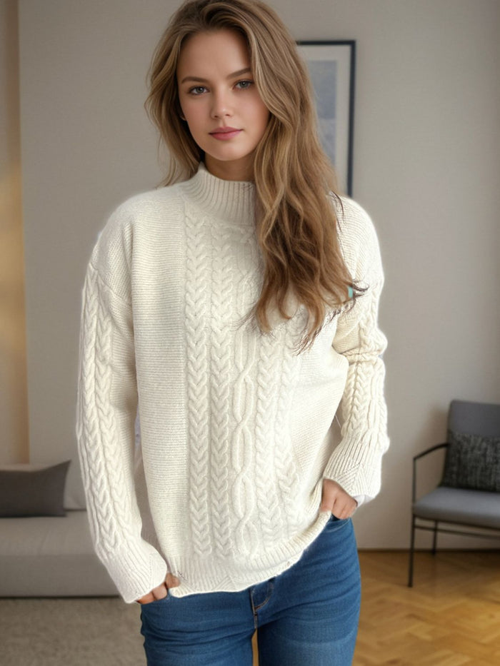 Hazel Blues® |  Cable-Knit Mock Neck Dropped Shoulder Sweater