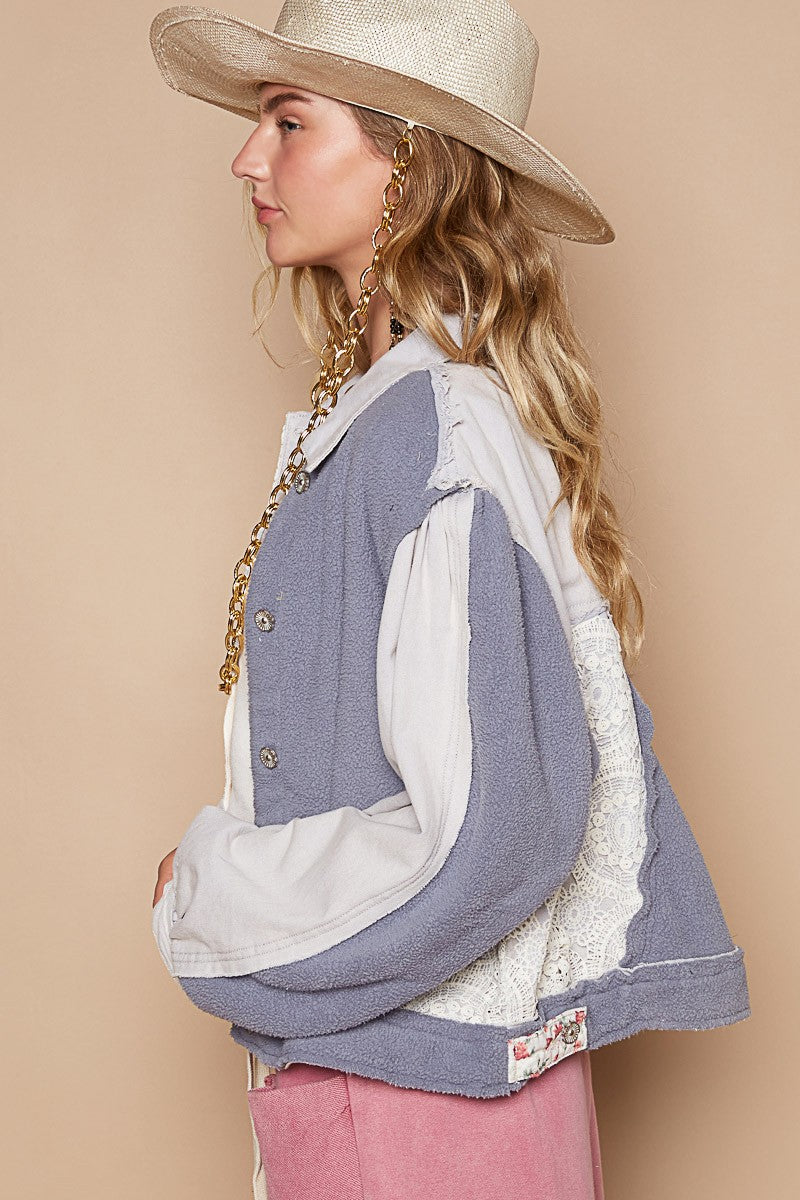 Hazel Blues® |  POL Crochet Patch Exposed Seam Button Up Jacket