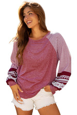 Hazel Blues® |  Black Contrast Print Striped Raglan Long Sleeve Loose Top