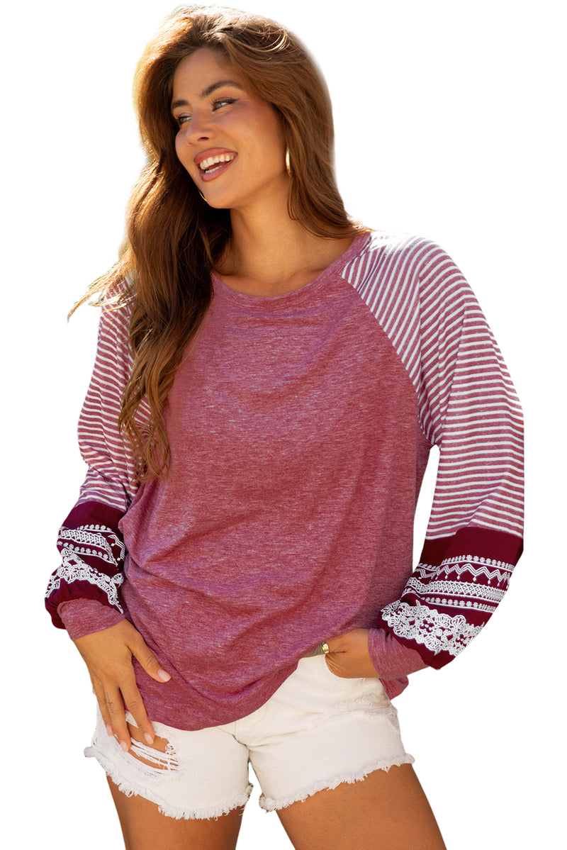 Hazel Blues® |  Black Contrast Print Striped Raglan Long Sleeve Loose Top