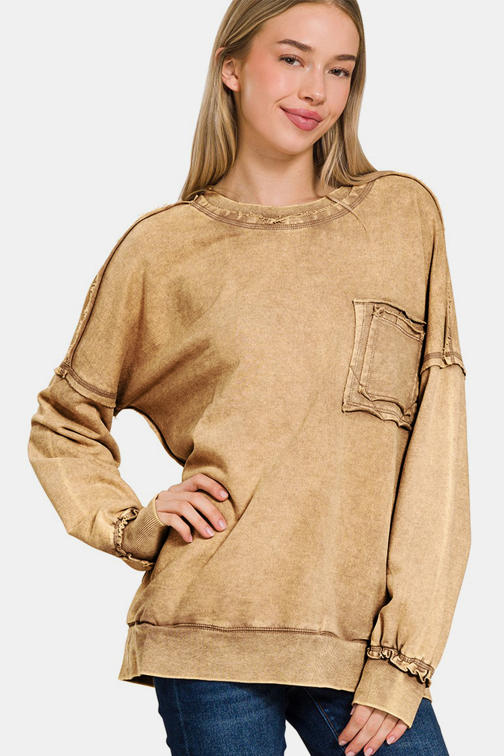 Hazel Blues® |  Zenana Exposed Seam Round Neck Dropped Shoulder Sweatshirt