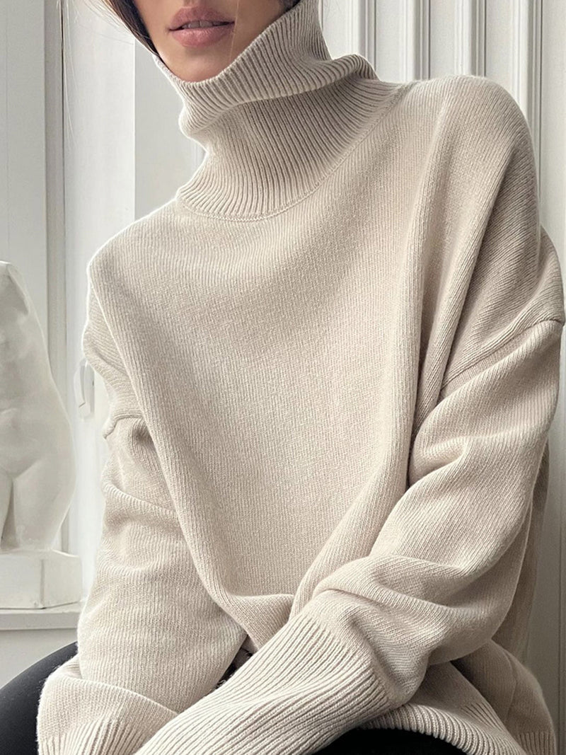 Hazel Blues® |  Ribbed Detail Turtleneck Dropped Shoulder Sweater