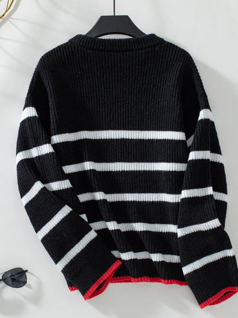 Hazel Blues® |  Striped Round Neck Dropped Shoulder Sweater