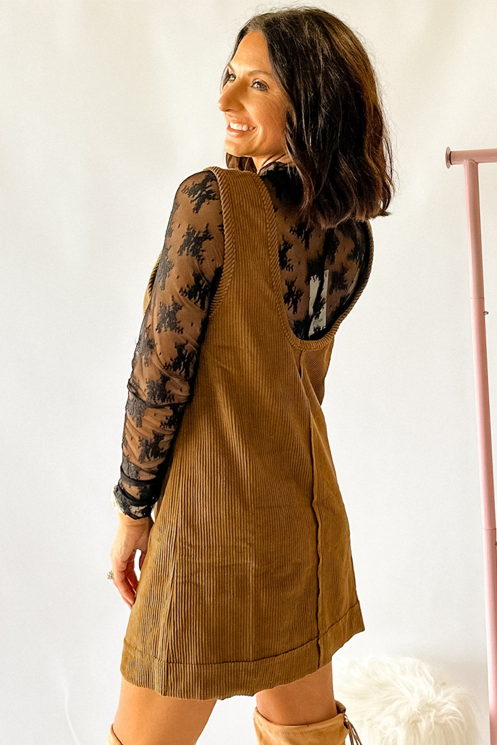 Hazel Blues® |  Beige Corduroy Sleeveless Mini Dress With Patched Pockets