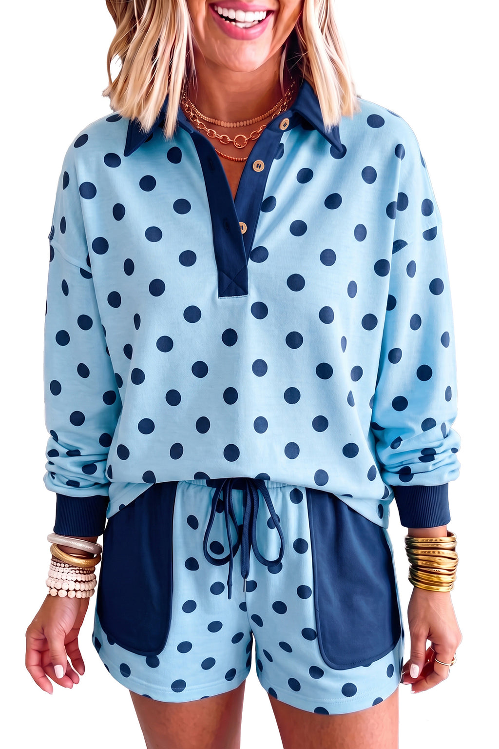 Camille Paige Blue Polka Dot Pocket Shorts Set