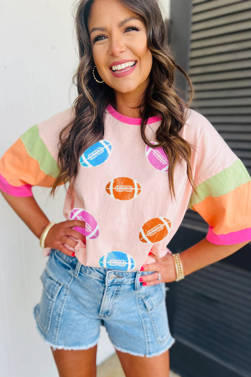 Hazel Blues® |  Pink Football Chenille Embroidered Color Block Half Sleeve T Shirt
