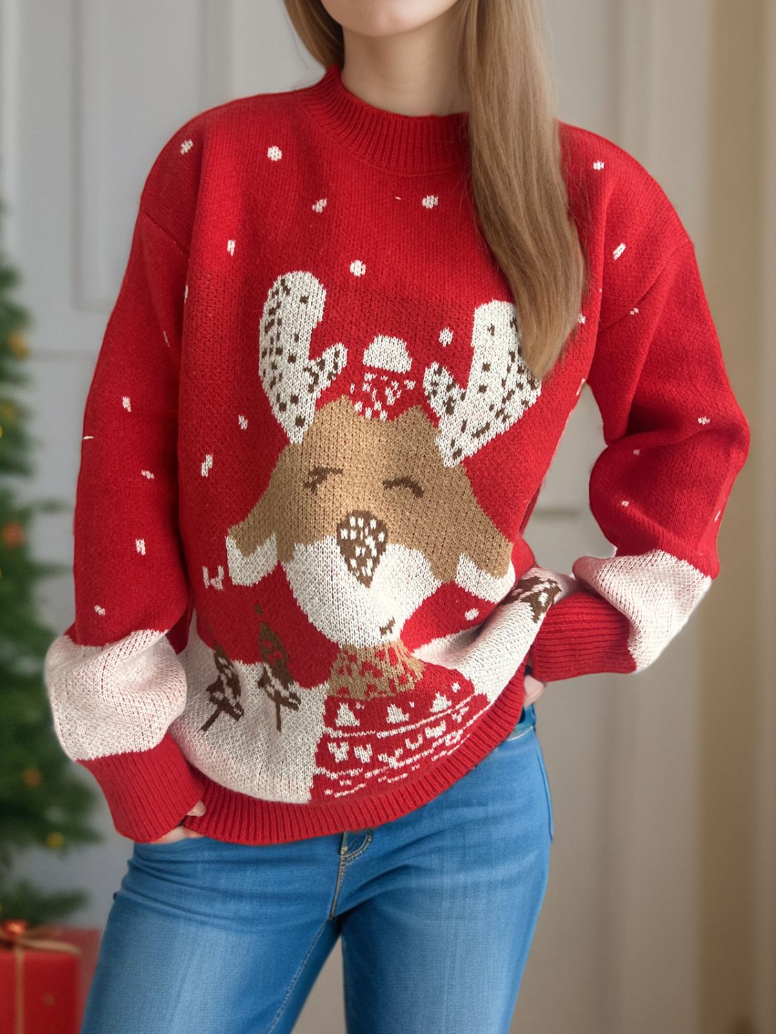 Hazel Blues® |  Reindeer Mock Neck Long Sleeve Sweater