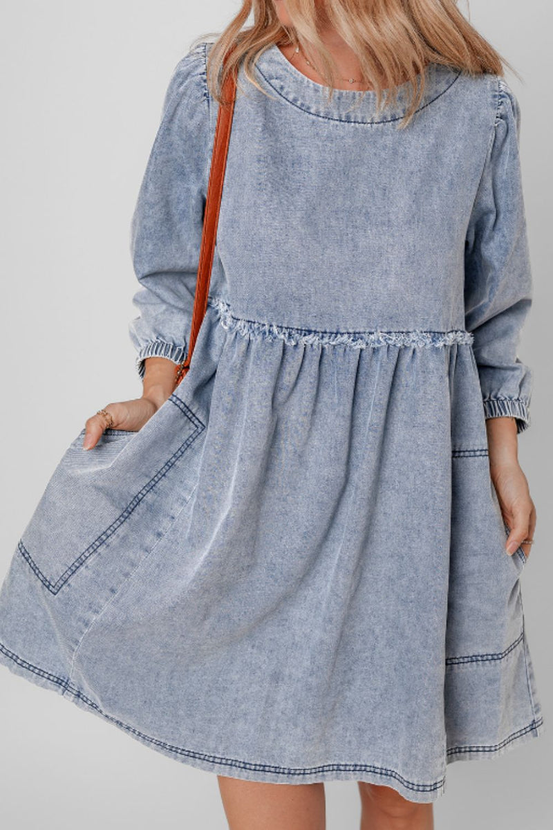 Cutout Round Neck Balloon Sleeve Denim Dress Medium / S Cutout Round Neck Balloon Sleeve Denim Dress Medium / S