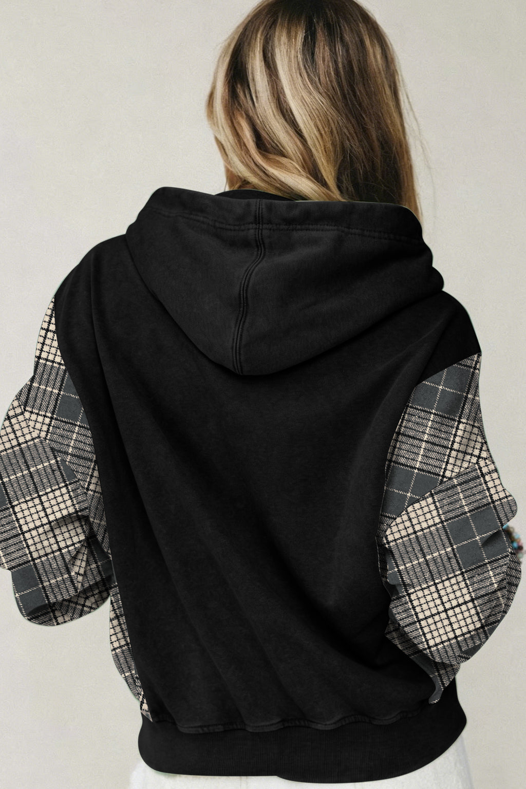 Josie Grace Black Plaid-Sleeve Pocket Hoodie