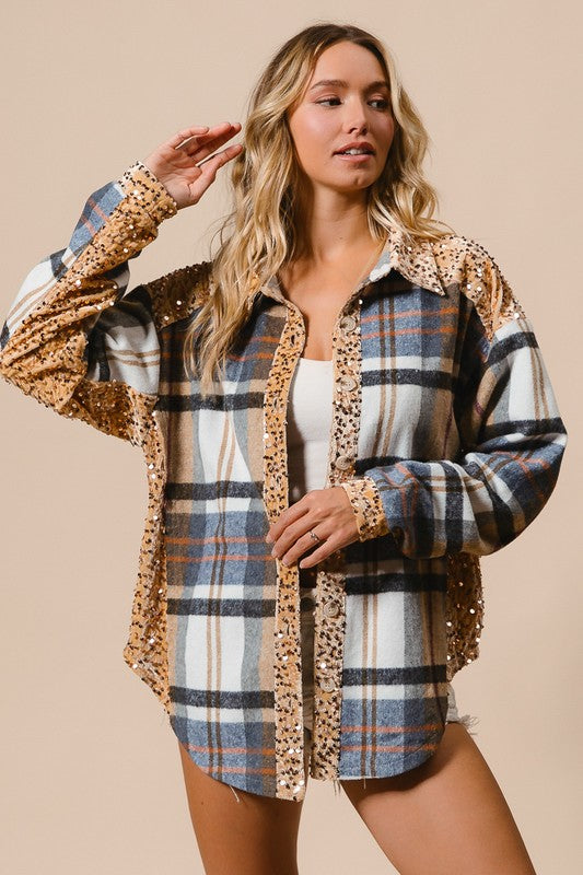 Hazel Blues® |  BiBi Curved Hem Sequin Plaid Button Up Shacket