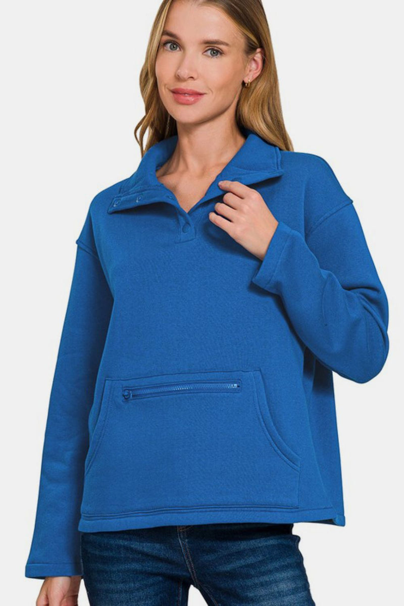 Hazel Blues® |  Zenana Turtleneck Half Snap Fleece Sweatshirt