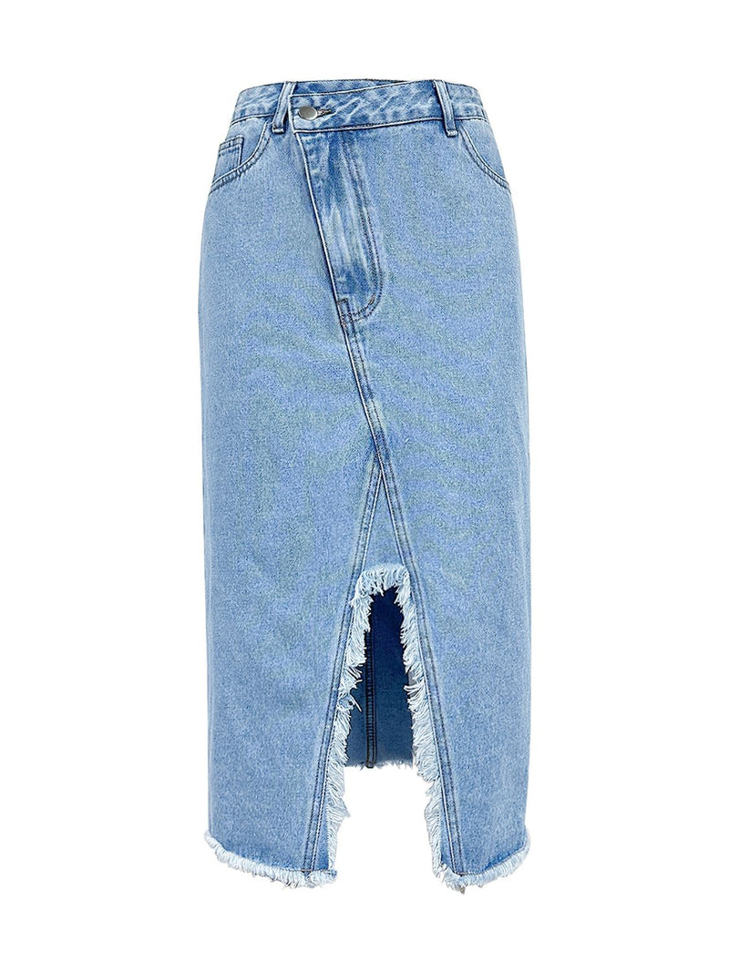 Hazel Blues® |  Raw Hem Slit Midi Denim Skirt