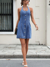 Hazel Blues® |  Halter Neck Button Down Denim Dress