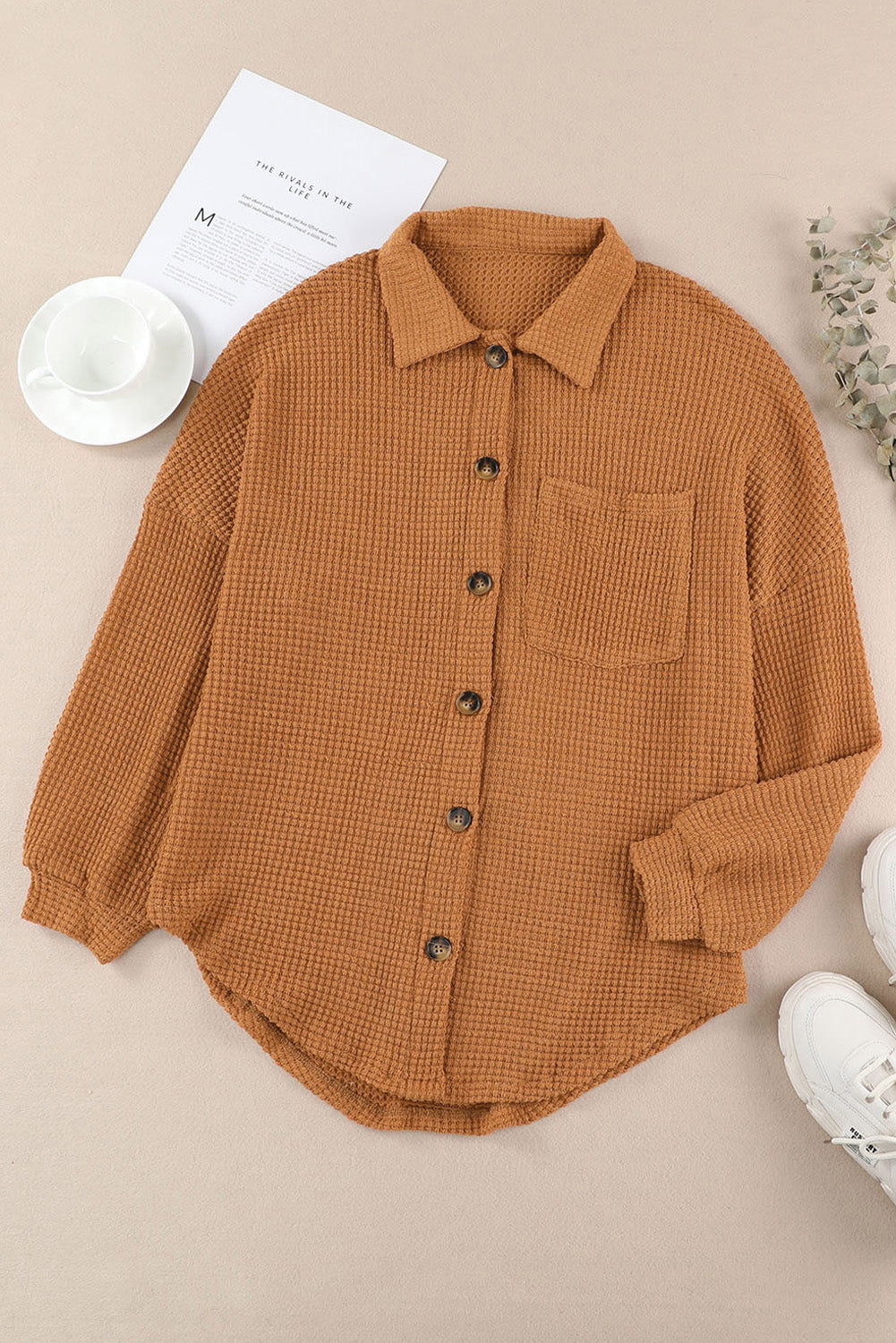 Hazel Blues® |  Waffle-Knit Collared Neck Long Sleeve Shirt