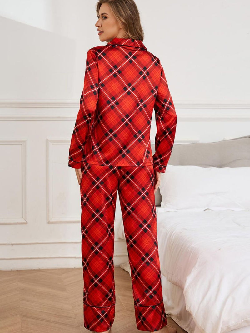 Hazel Blues® |  Plaid Button Up Long Sleeve Top and Pants Lounge Set