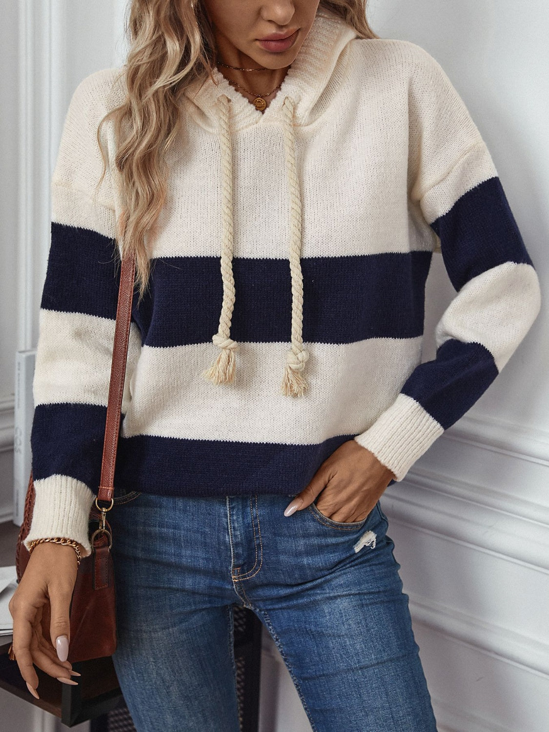 Hazel Blues® |  Drawstring Contrast Stripe Dropped Shoulder Hooded Sweater