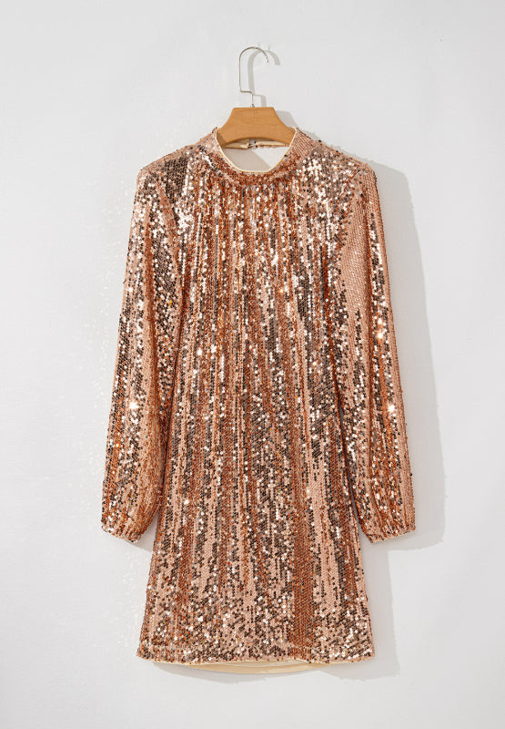 Hazel Blues | Backless Sequin Mock Neck Long Sleeve Mini Dress Hazel Blues | Backless Sequin Mock Neck Long Sleeve Mini Dress