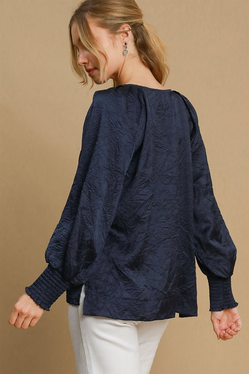 Hazel Blues® |  Umgee Wrinkled Round Neck Lantern Sleeve Blouse