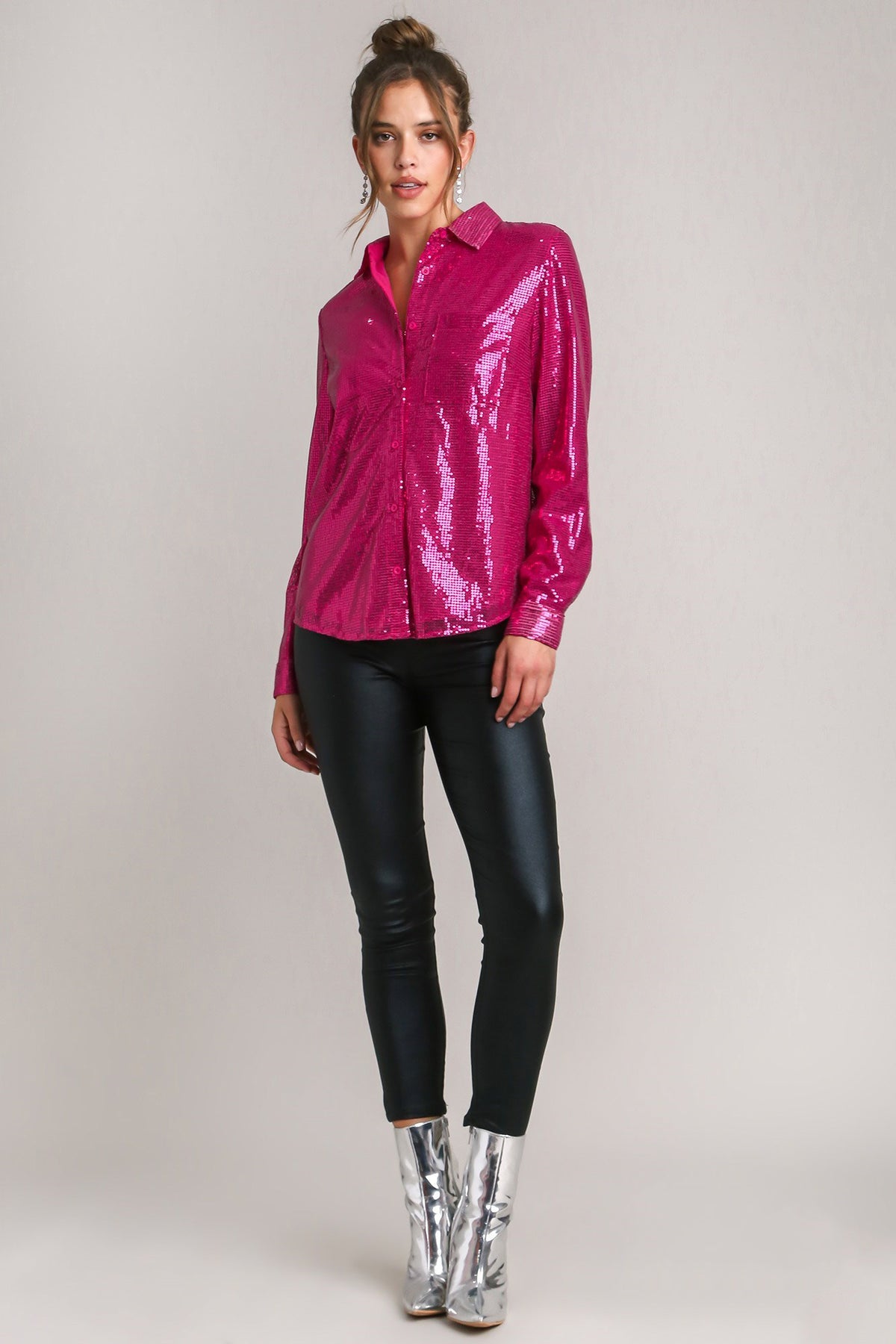 Hazel Blues® |  Umgee Sequin Long Sleeve Shirt with Side Chest Pocket