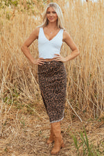 Hazel Blues® |  Brown Leopard Denim Frayed Split Denim Midi Skirt