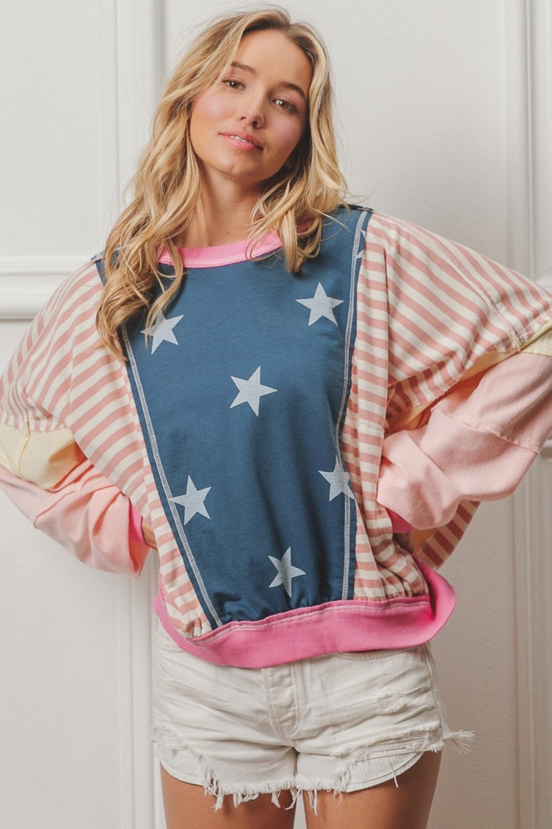 Hazel Blues® |  BiBi Stars and Stripes Round Neck Long Sleeve Top