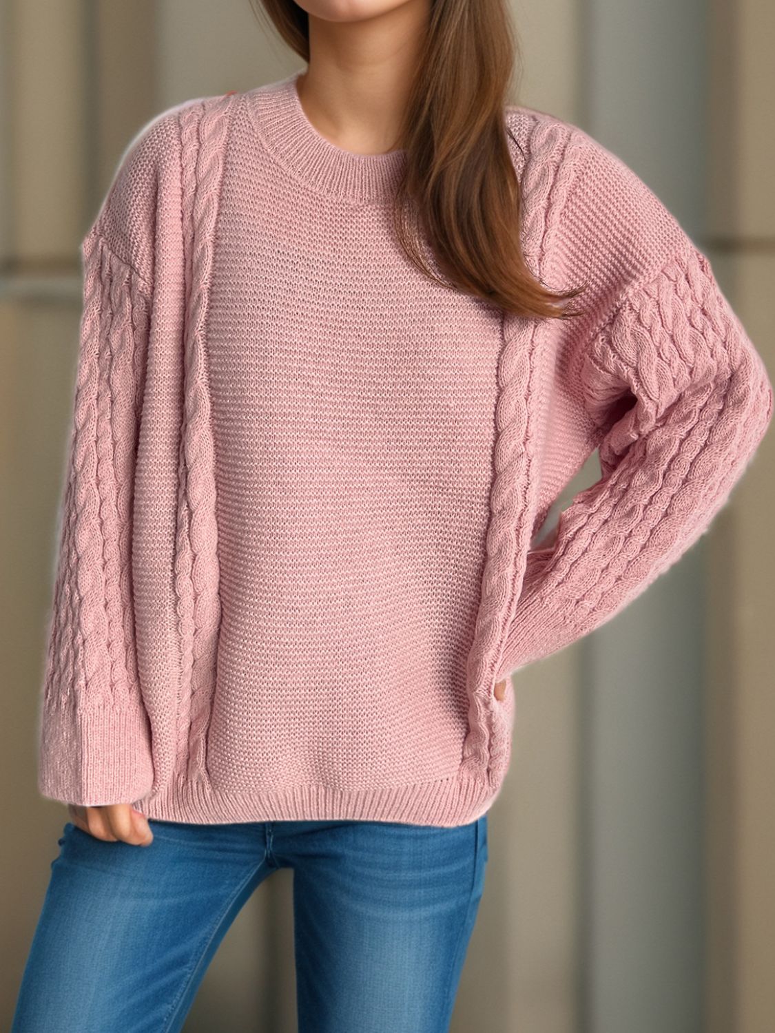 Hazel Blues® |  Cable-Knit Round Neck Long Sleeve Sweater