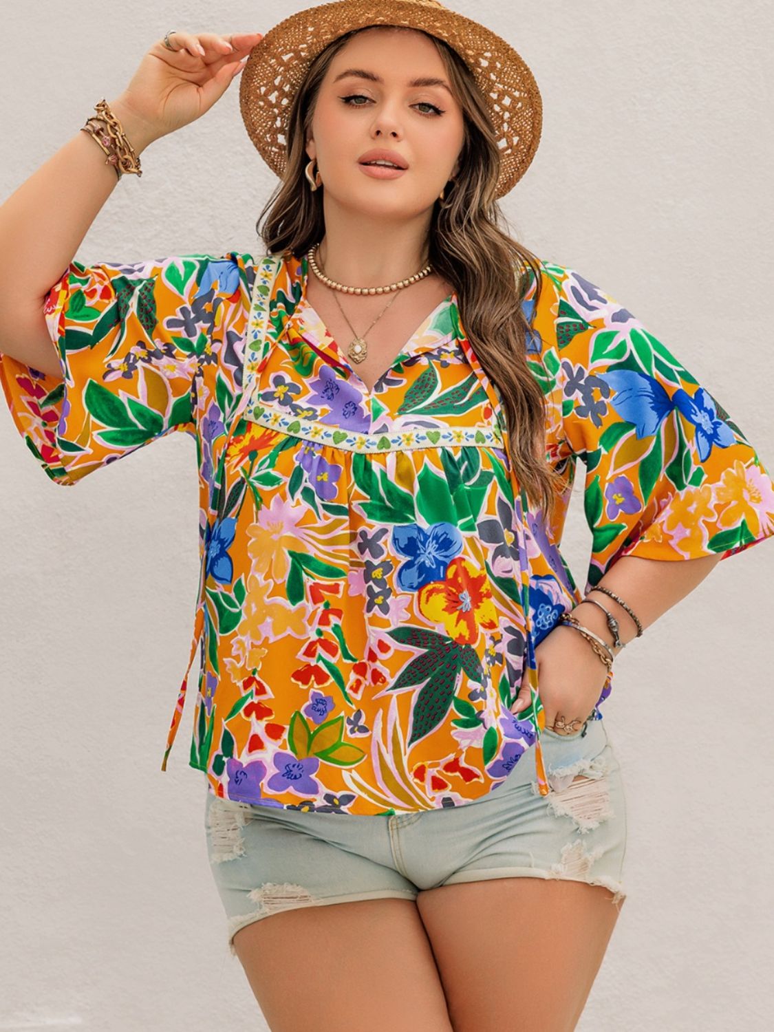 Hazel Blues® | Printed Tie Neck Half Sleeve Blouse