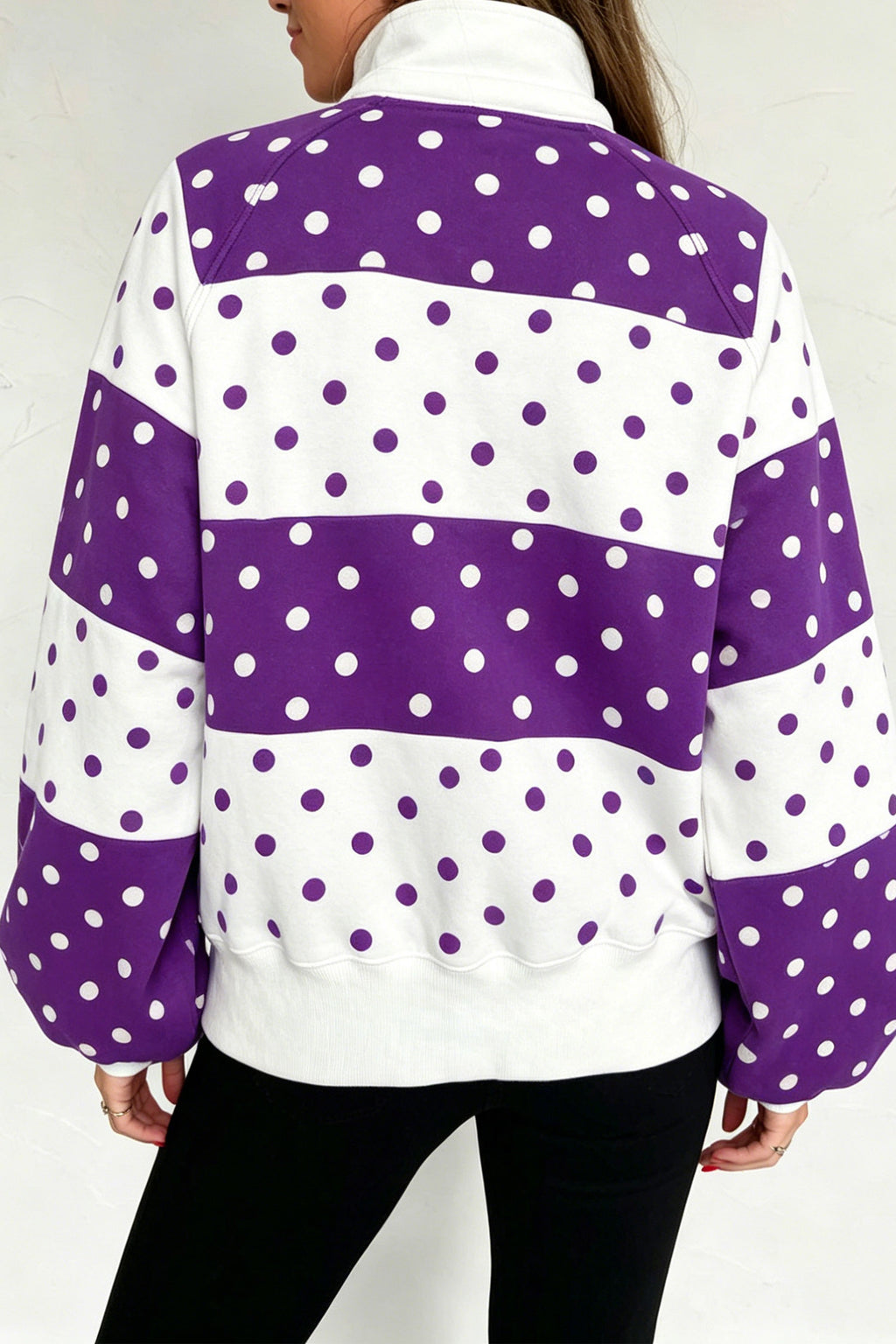 Purple Polka Dot Color-Block Half-Zip Sweatshirt