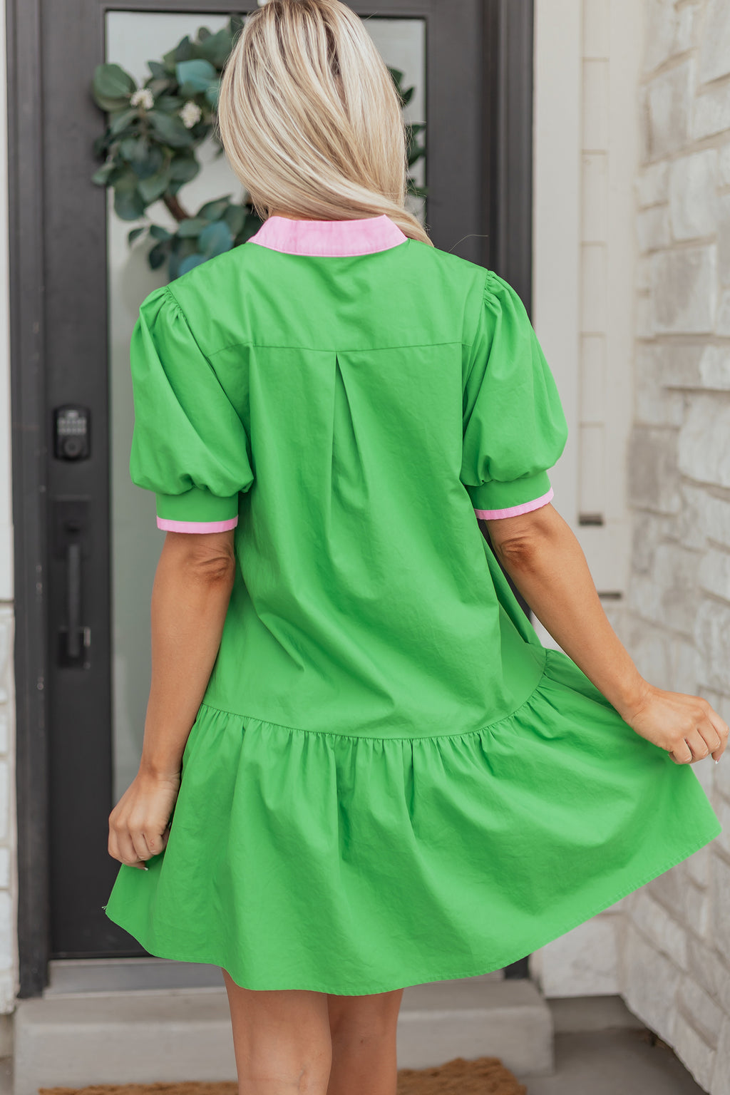 Bright Green Color-Block Detail Split-Neck Short Puff-Sleeve Ruffle Hem Mini Dress