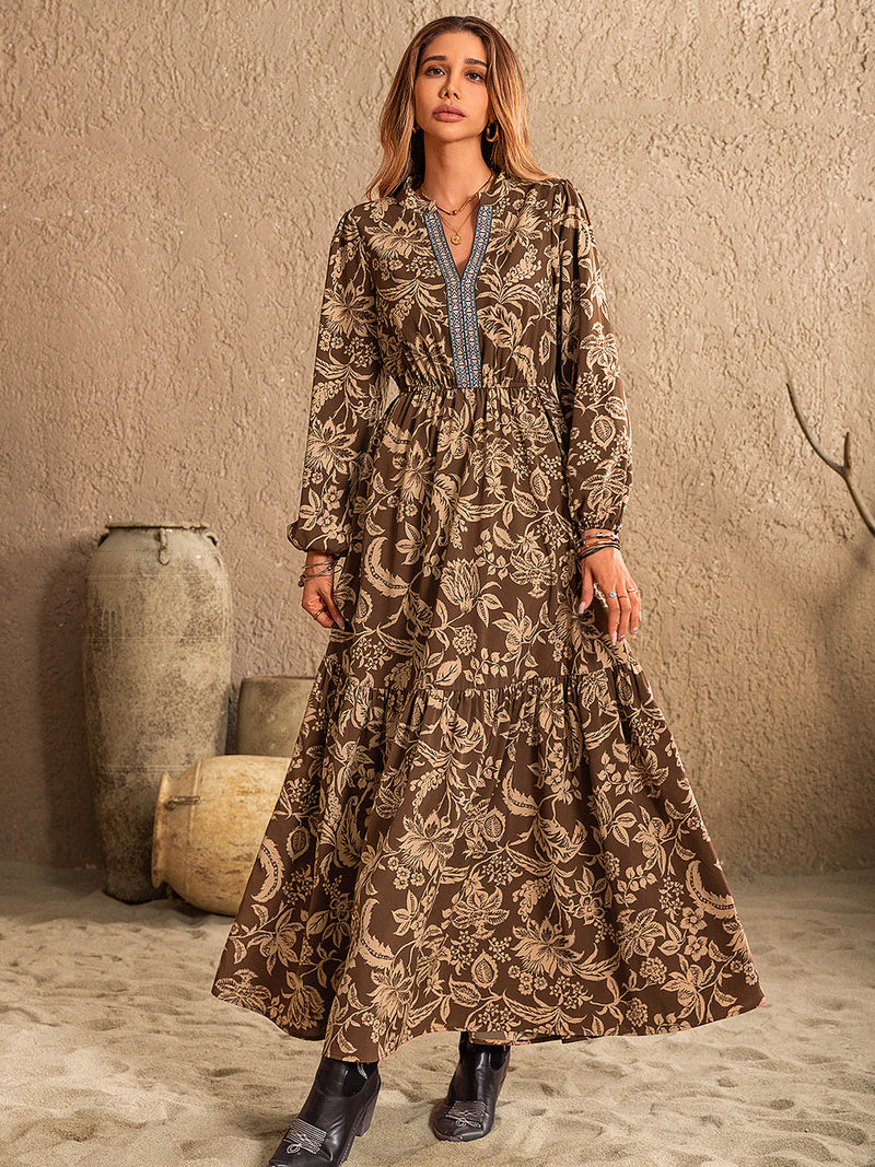 Sample Ruched Printed Notched Long Sleeve Maxi Dress Sample Ruched Printed Notched Long Sleeve Maxi Dress