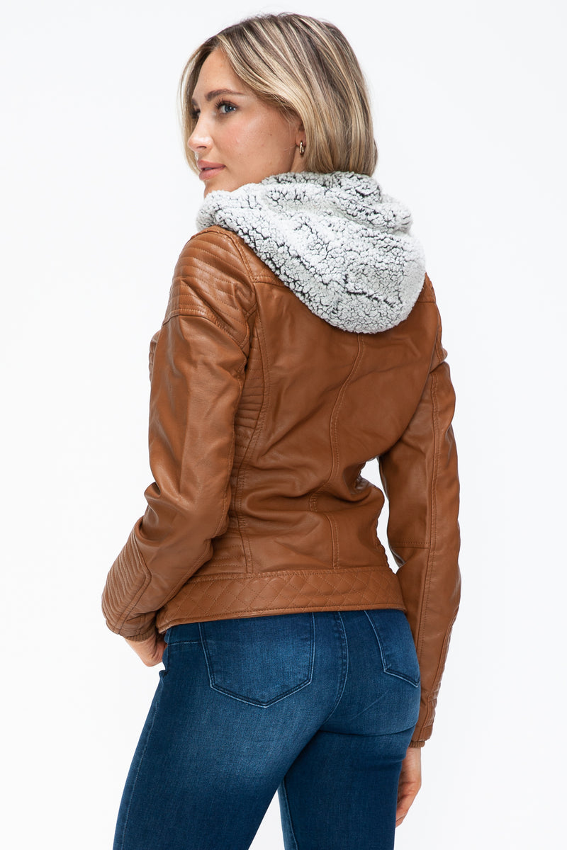 Hazel Blues® |  YMI Faux Layered Double-Zipper Jacket with Fuzzy Hood