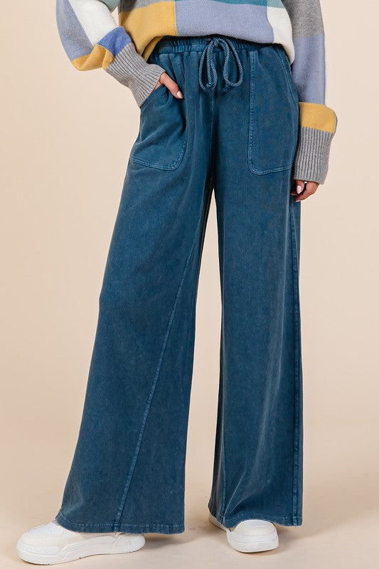 Hazel Blues® |  Mittoshop Mineral Wash French Terry Drawstring Wide Leg Pants