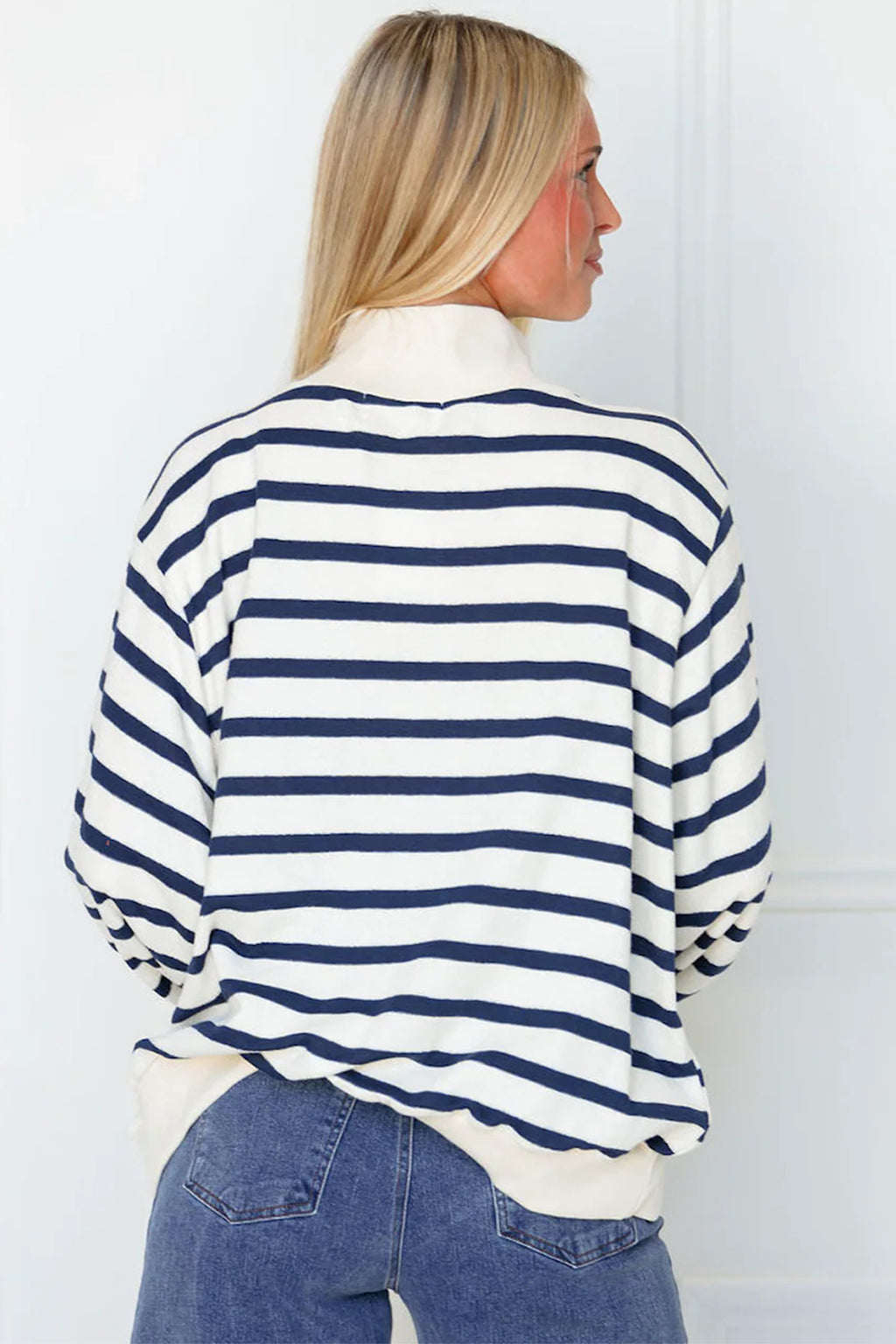 Blue Stripe Striped Stand Neck Long-Sleeve Ribbed Cuff Hem Sweatshirt