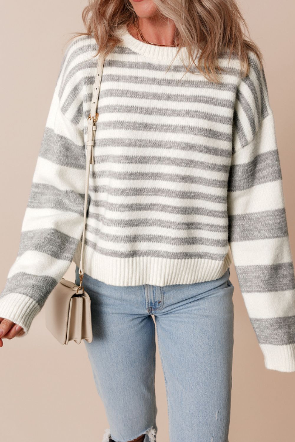 Hazel Blues® |  Striped Round Neck Dropped Shoulder Sweater