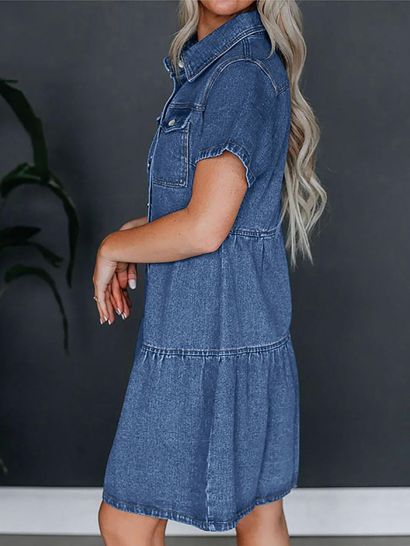 Hazel Blues® |  Pocketed Button Up Collared Neck Short Sleeve Denim Dress