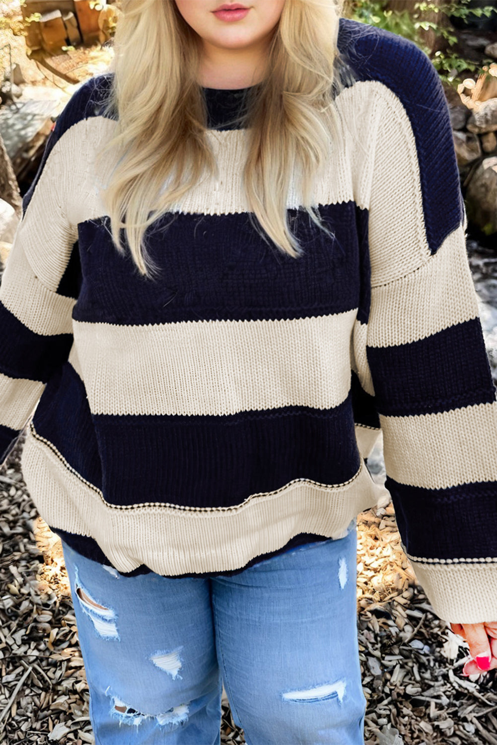 Hazel Blues® |  Blue Stripe Color Block PLus Size Drop Shoulder Sweater