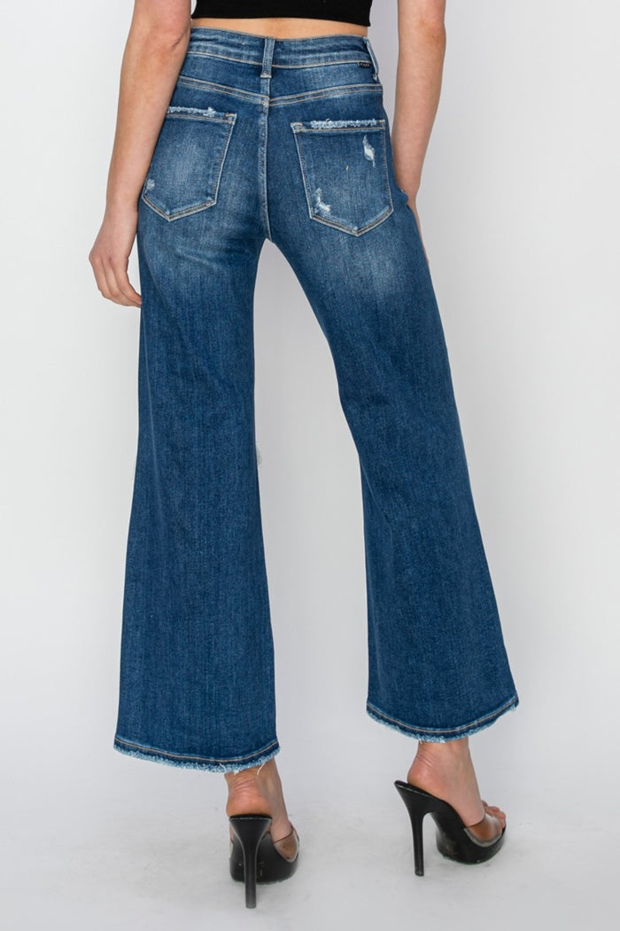 Hazel Blues® |  Risen High Rise Patch Detailed Wide Leg Crop Jeans