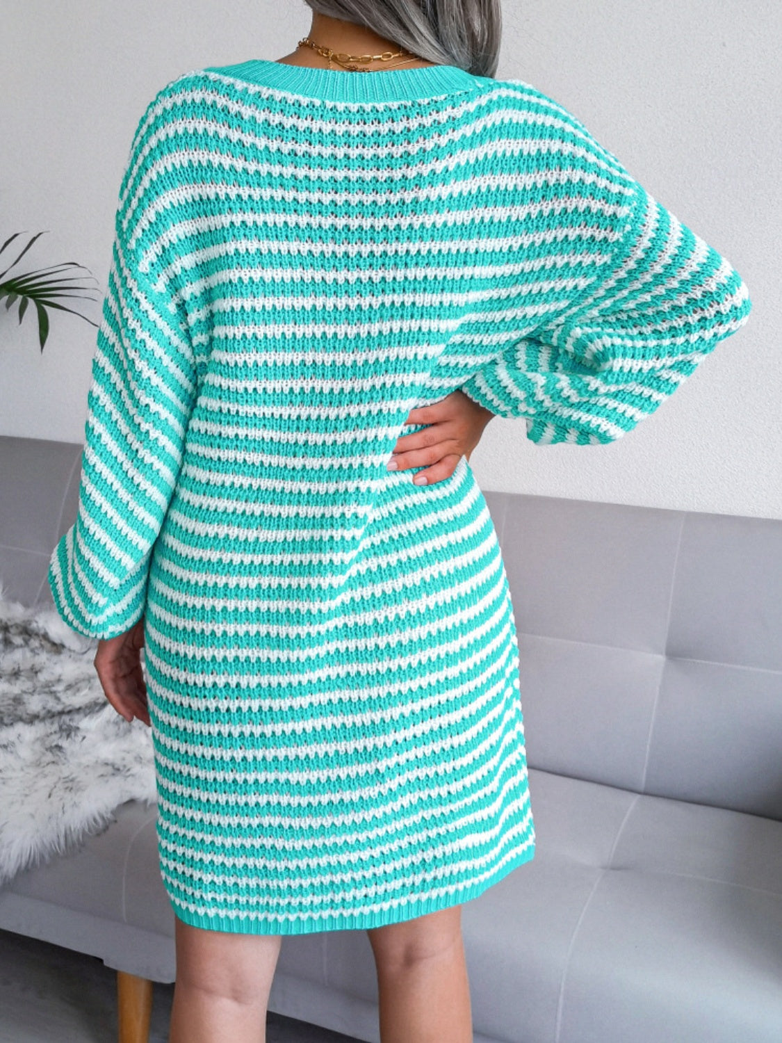 Hazel Blues® |  Striped V-Neck Long Sleeve Mini Sweater Dress