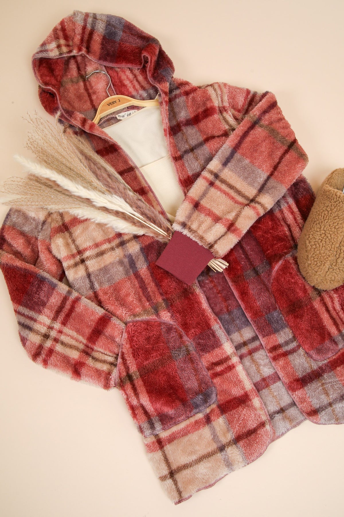 Hazel Blues® |  VERY J Fuzzy Plaid Long Sleeve Hooded Jacket