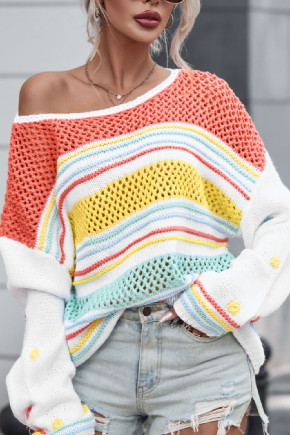 Hazel Blues® |  Hollow Striped Color Block Round Neck Sweater