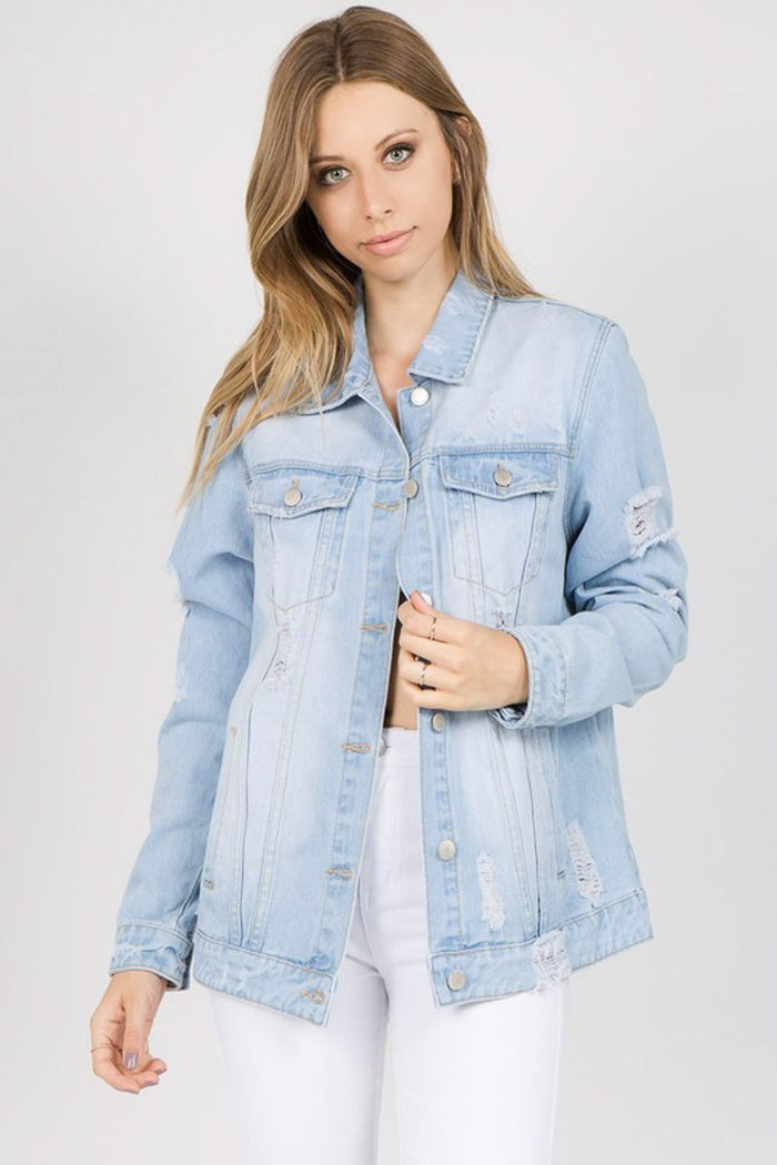 Hazel Blues® |  American Bazi Letter Patched Distressed Denim Jacket