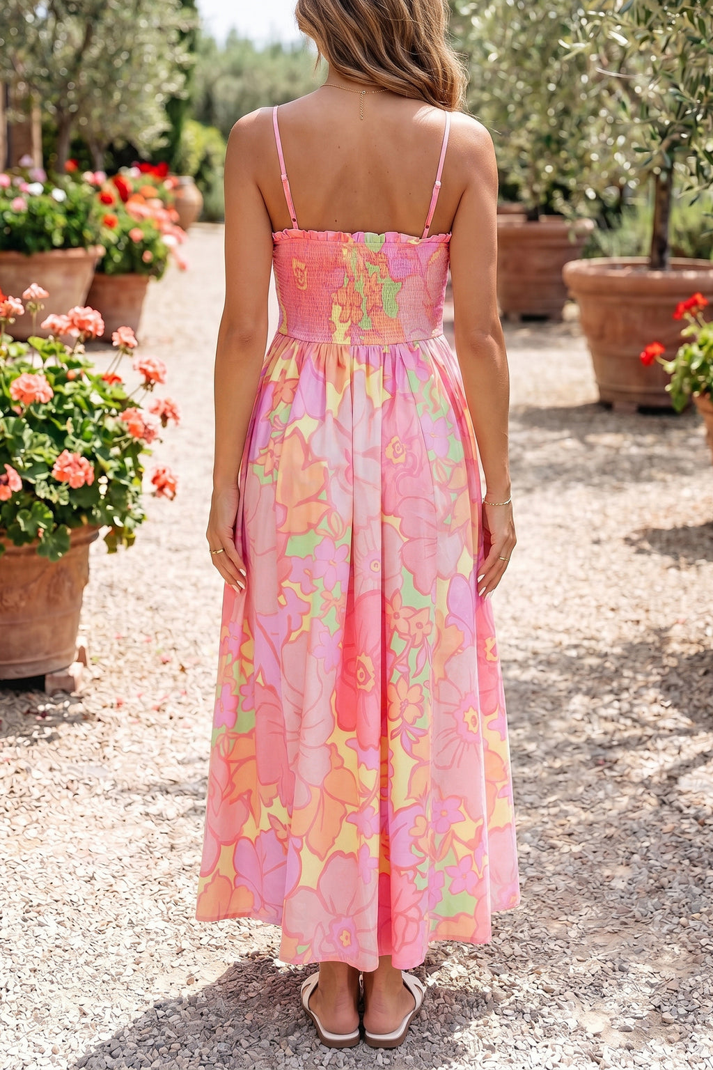 Spaghetti Straps Floral Shirred High Waist Dress | Floral High Waist Dress